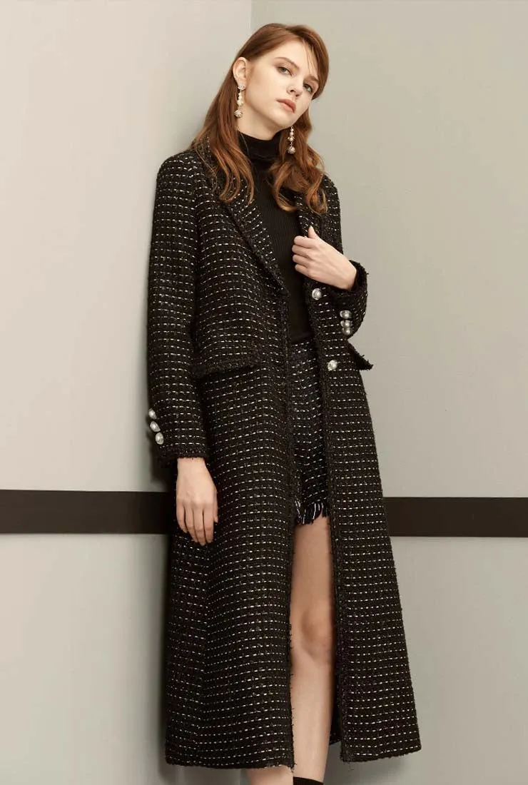 Black Tweed Vintage Long Trench Coat