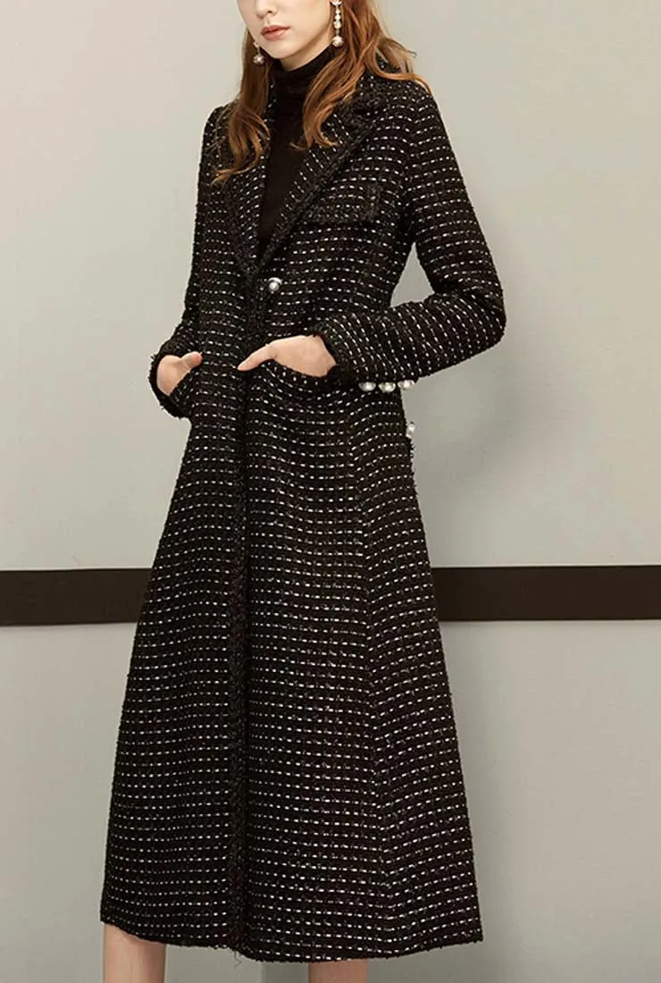 Black Tweed Vintage Long Trench Coat