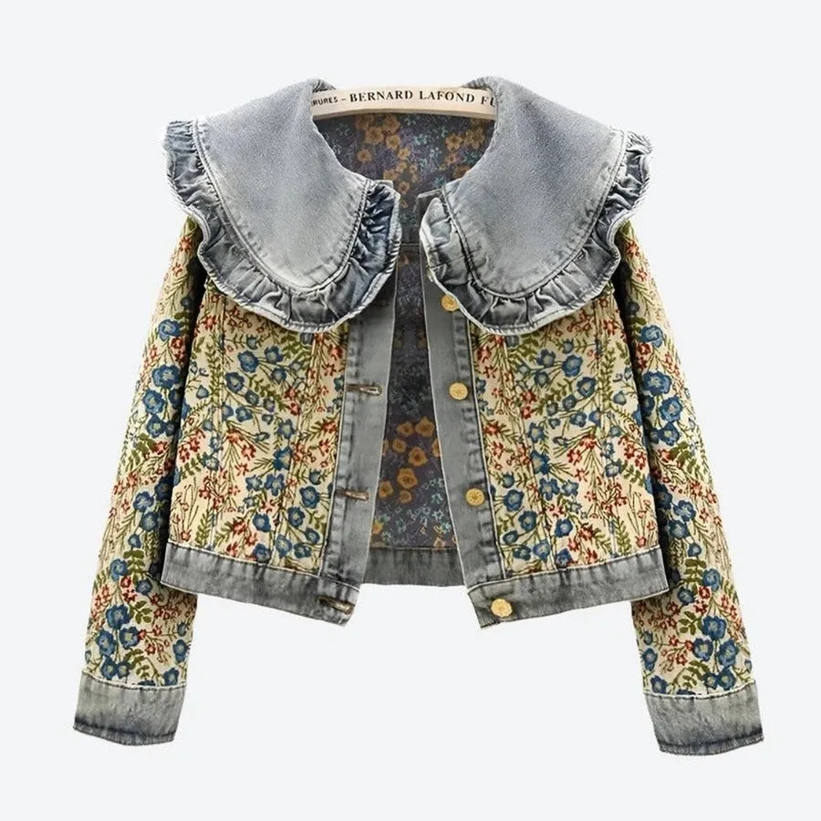 Floral Ruffle Collar Denim Jackets