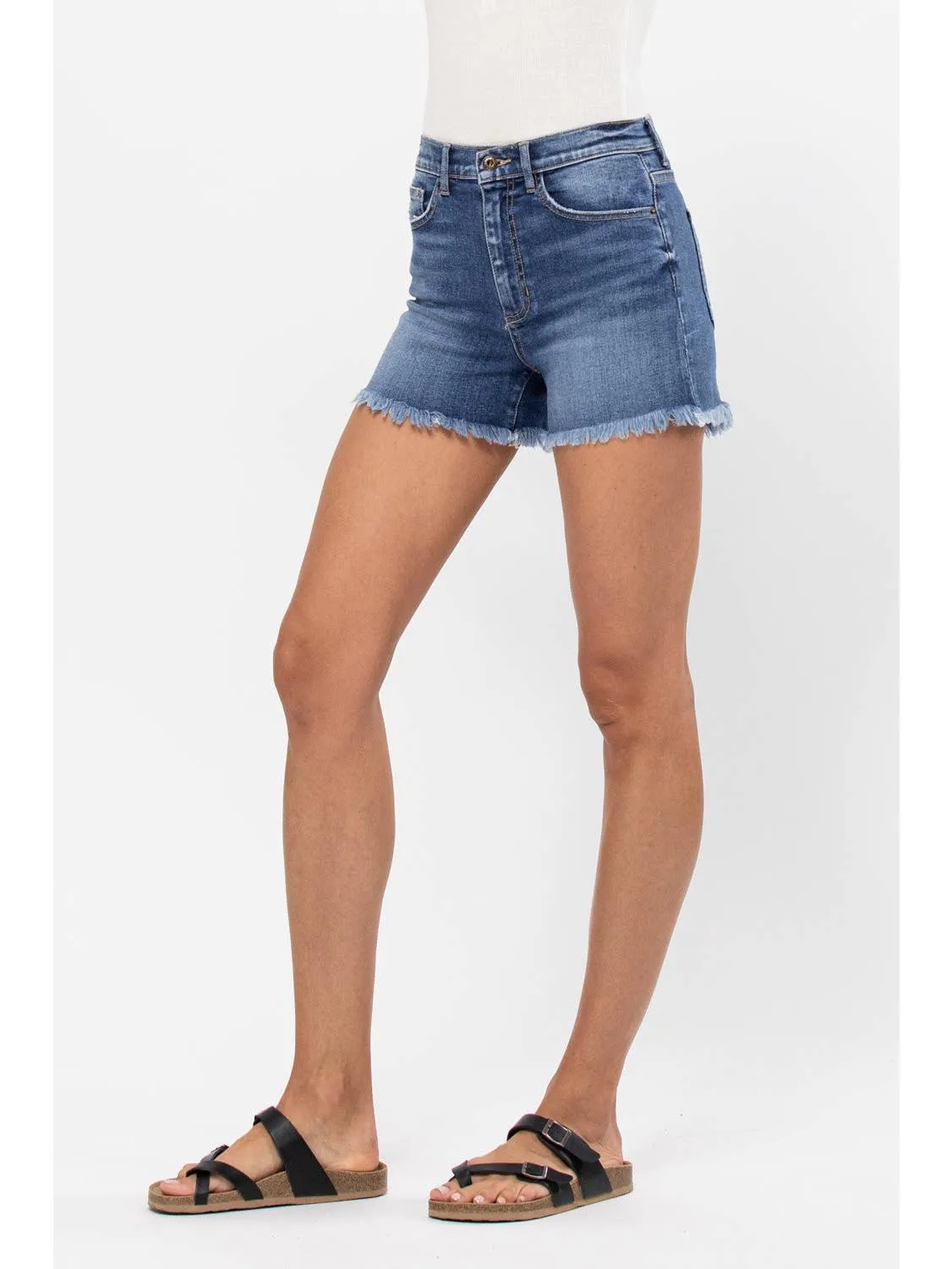 High Rise Denim Shorts with Fray Hem