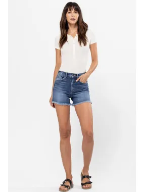 High Rise Denim Shorts with Fray Hem
