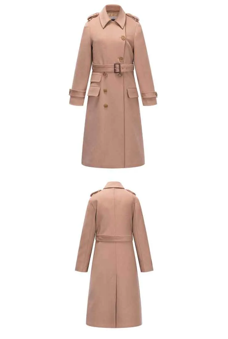 Long Chic Belted Wool Blend Coat