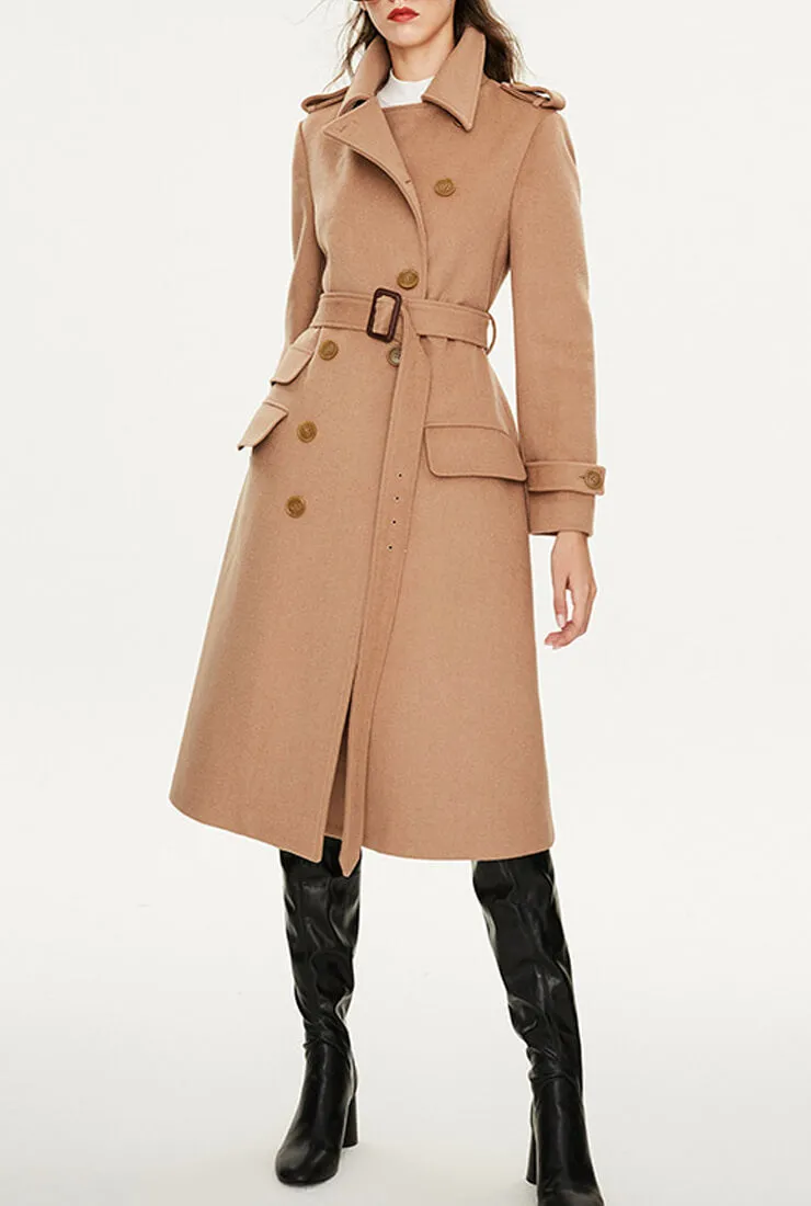Long Chic Belted Wool Blend Coat