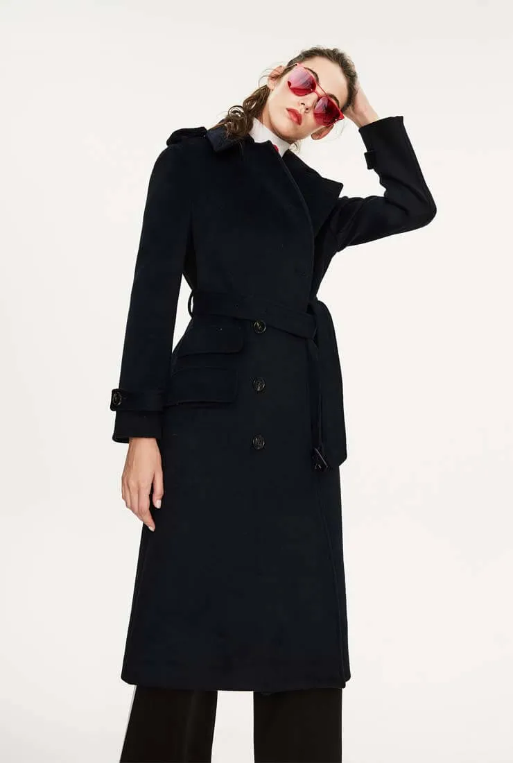 Long Chic Belted Wool Blend Coat