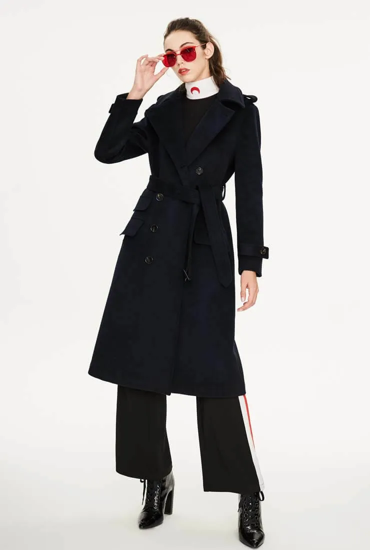 Long Chic Belted Wool Blend Coat