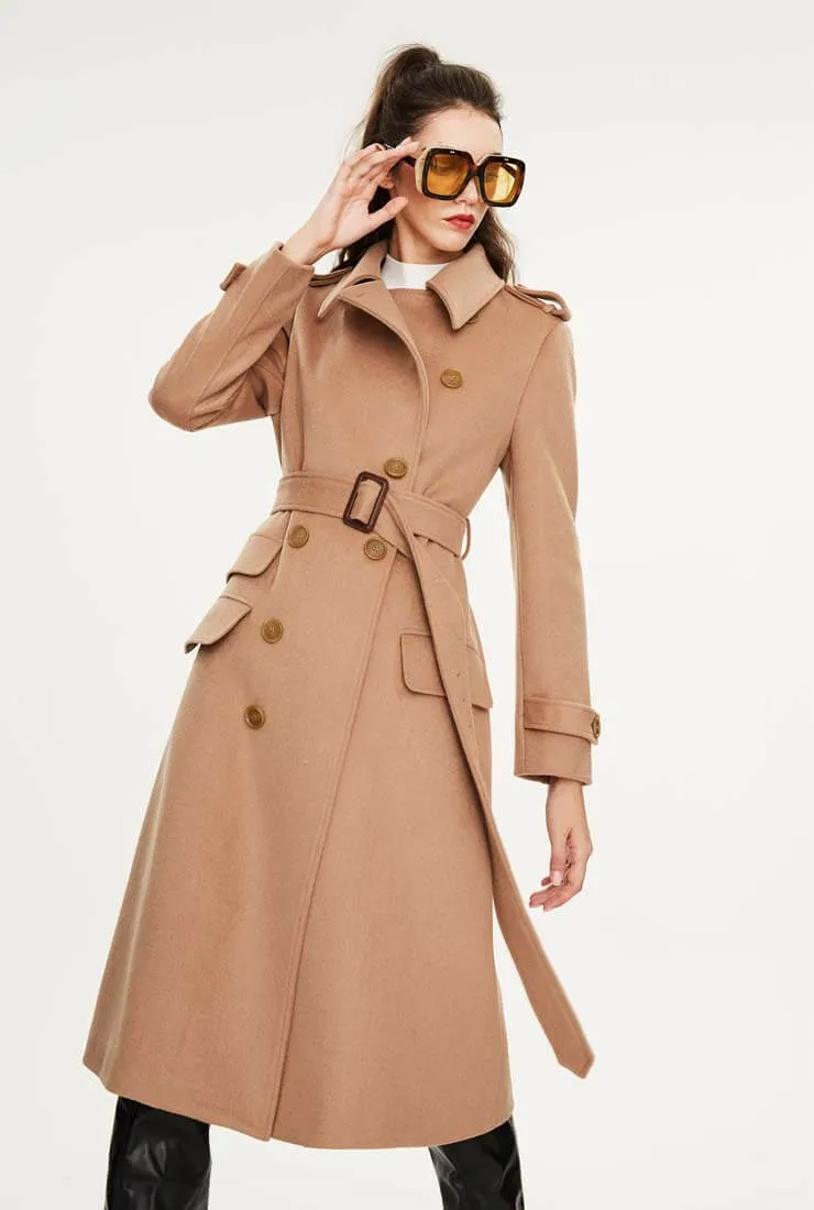 Long Chic Belted Wool Blend Coat