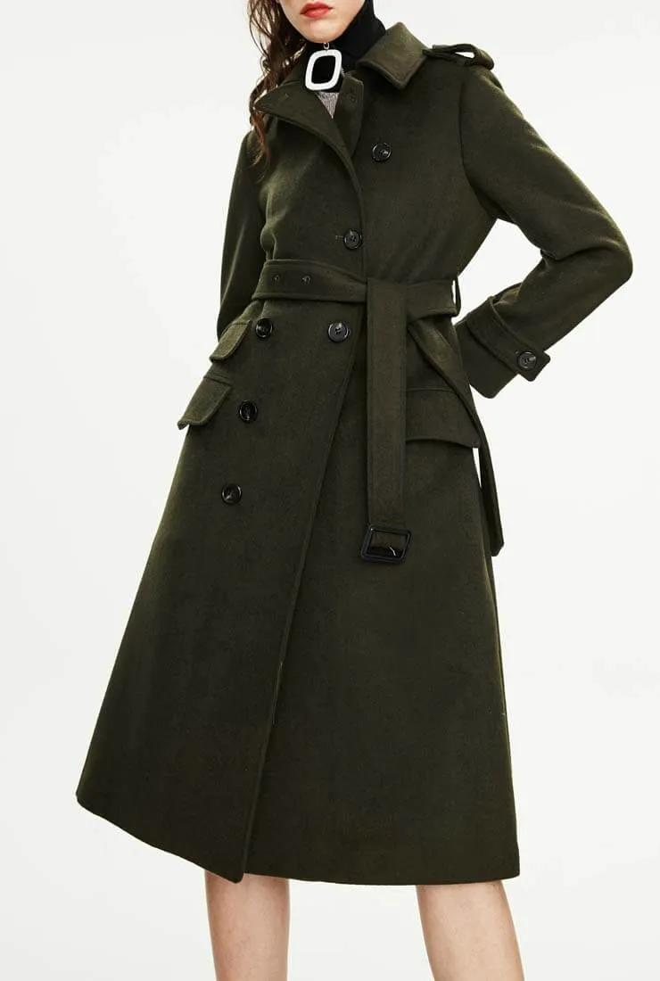 Long Chic Belted Wool Blend Coat
