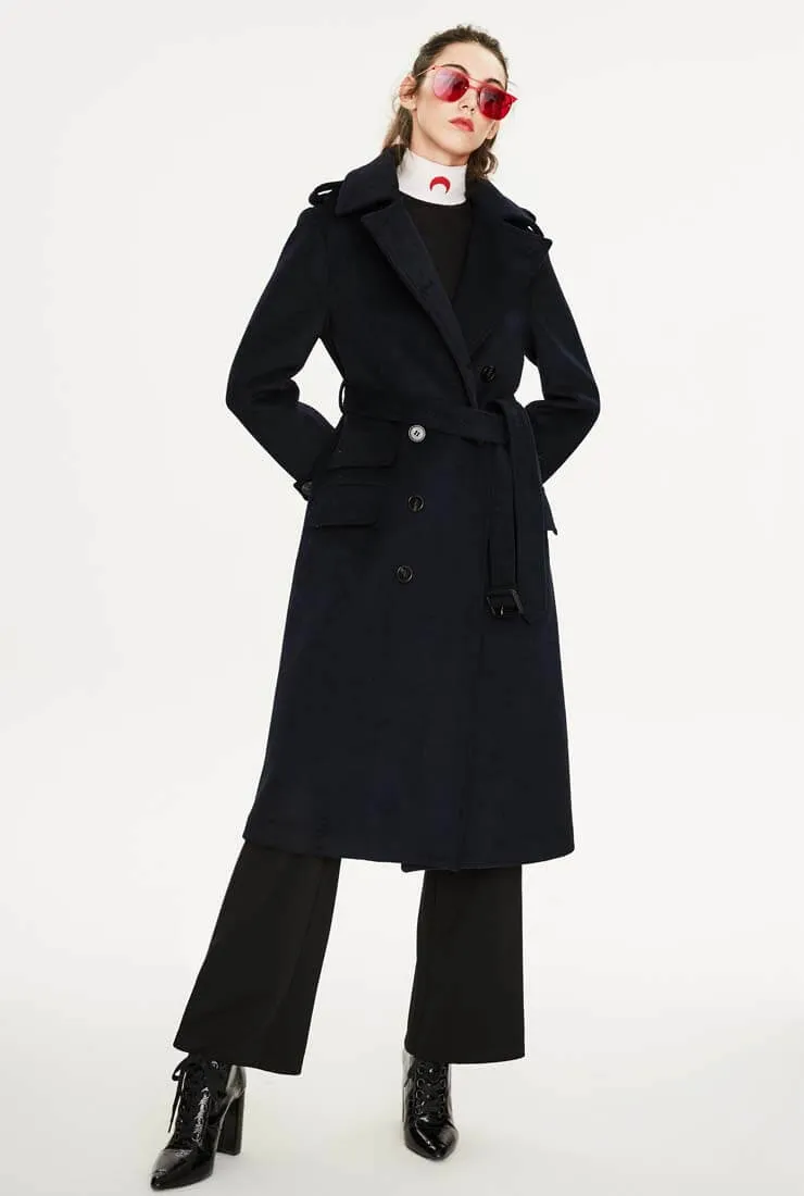 Long Chic Belted Wool Blend Coat