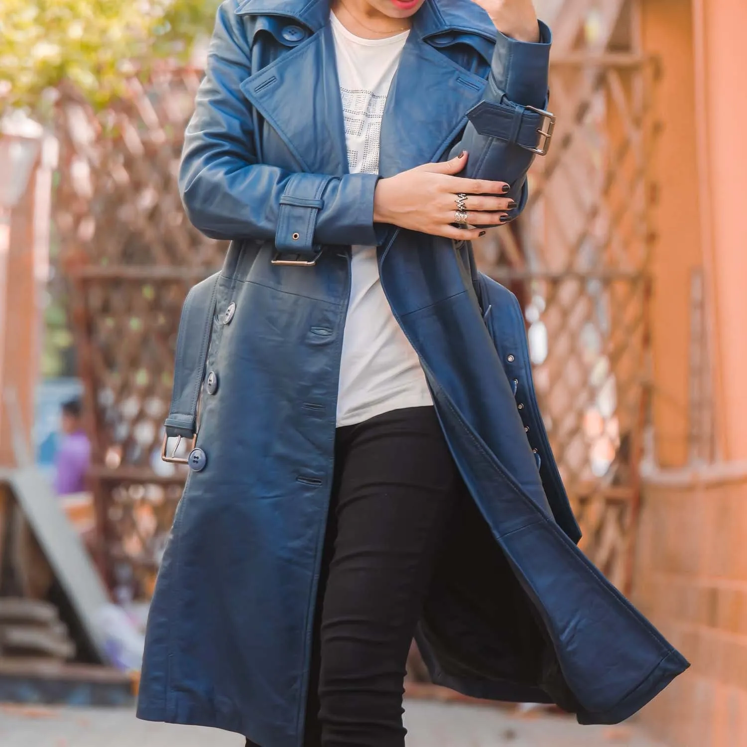 Women's Double Breasted Blue Leather Trench Coat