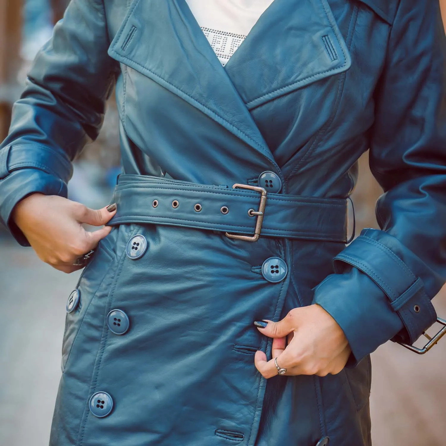 Women's Double Breasted Blue Leather Trench Coat
