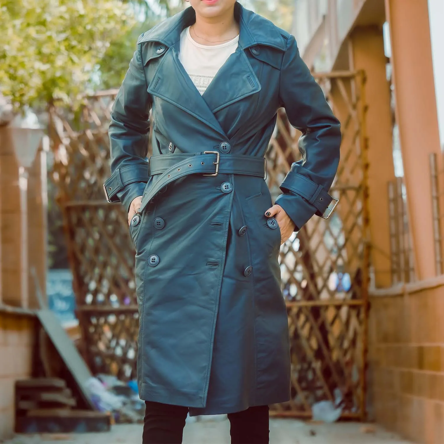 Women's Double Breasted Blue Leather Trench Coat