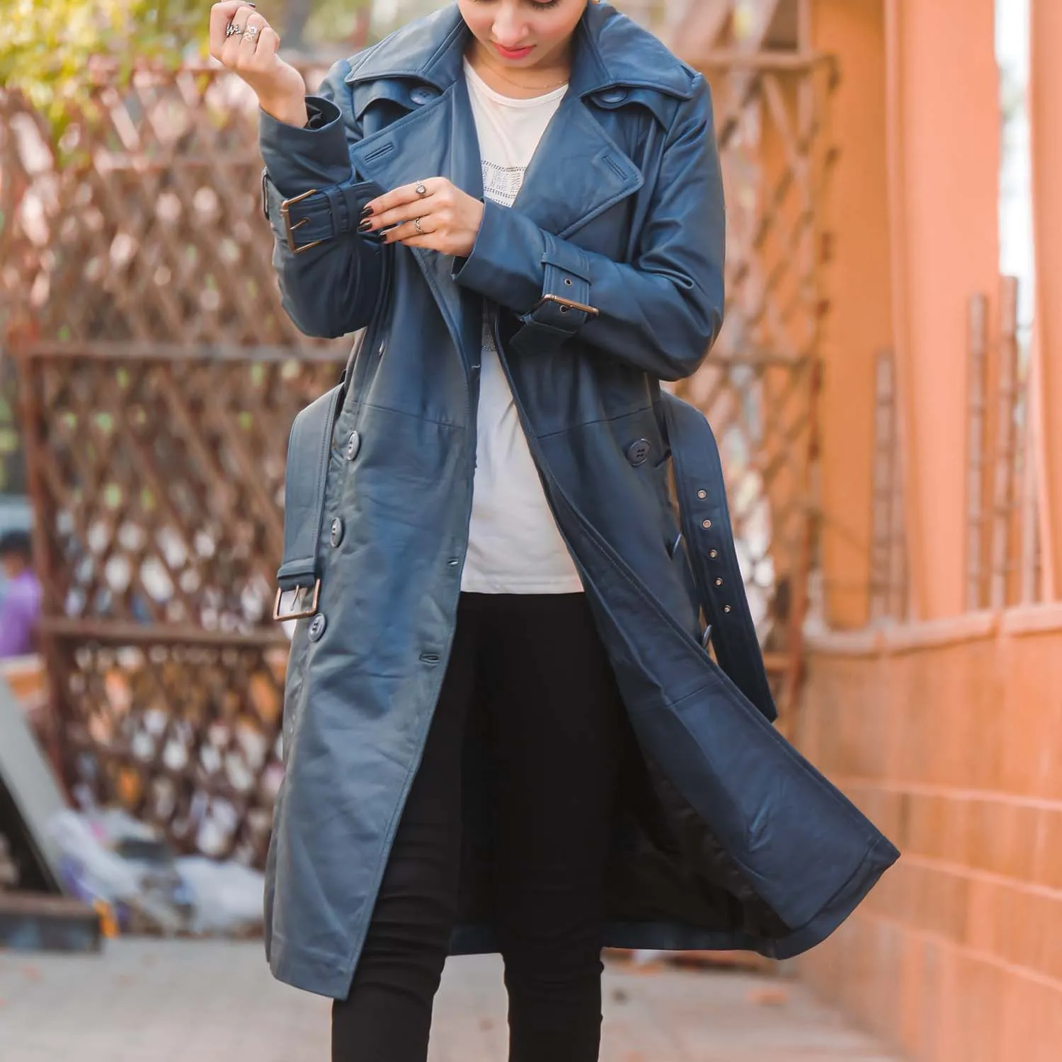Women's Double Breasted Blue Leather Trench Coat